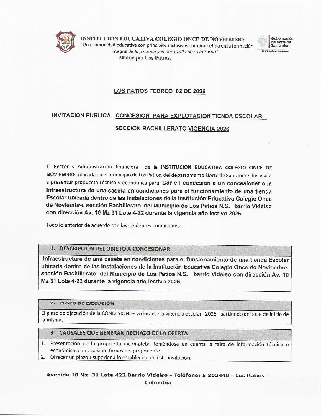 Invitación Pública – CONCESIÓN PARA EXPLOTACIÓN TIENDA ESCOLAR